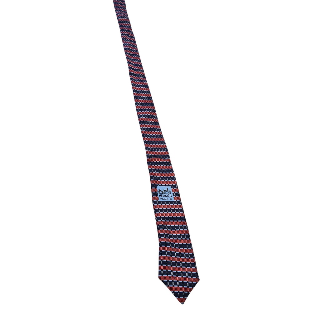 Hermes Silk Tie Mens One Size Red Blue Geometric Micro Pattern 816 EA France - Picture 10 of 11